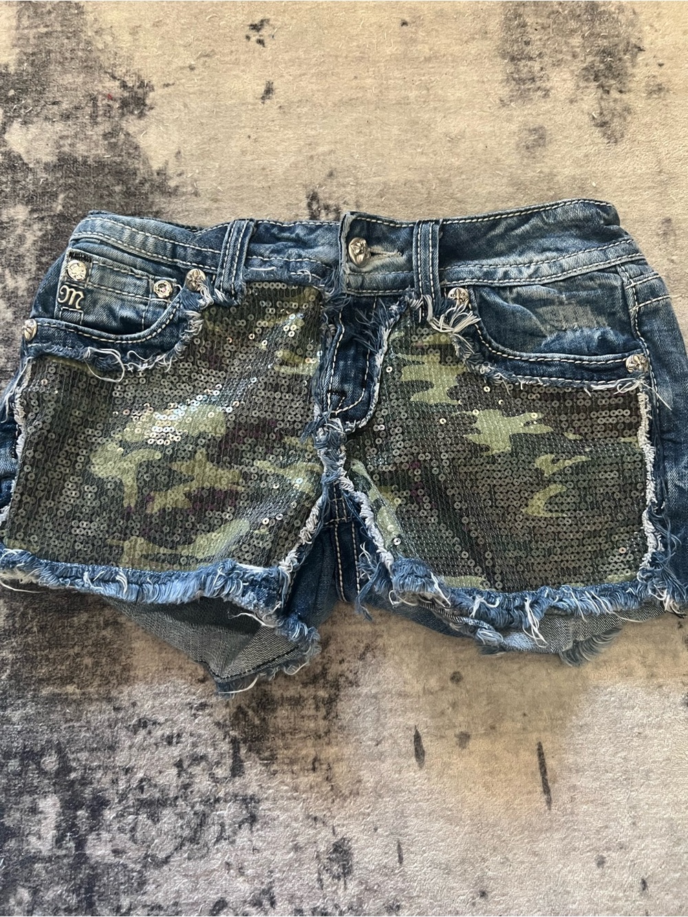 Miss Me Blue Denim Shorts with Green Camo Sequin Panels